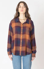A flannel style button up shirt, with orange, blue, and red autumnal colors. 