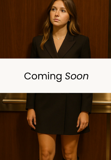 Woman in a black suit standing in an elevator with 'Coming Soon' text overlay.