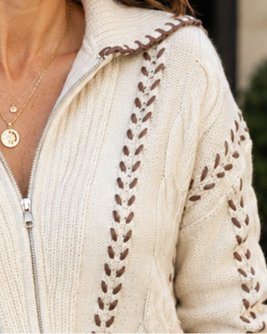 Close up of a cream cable knit sweater with brown stitch detail and a front zip.