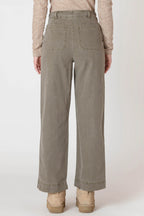 Super cute sage green denim material pants, with wide legs and a tall hem.