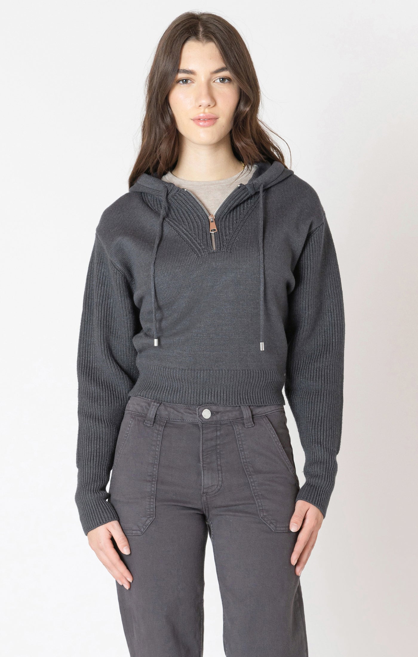 Charcoal knitted sweater, with a half zip detail