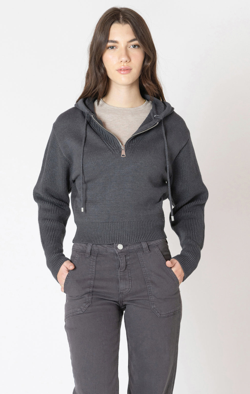 Charcoal knitted sweater, with a half zip detail
