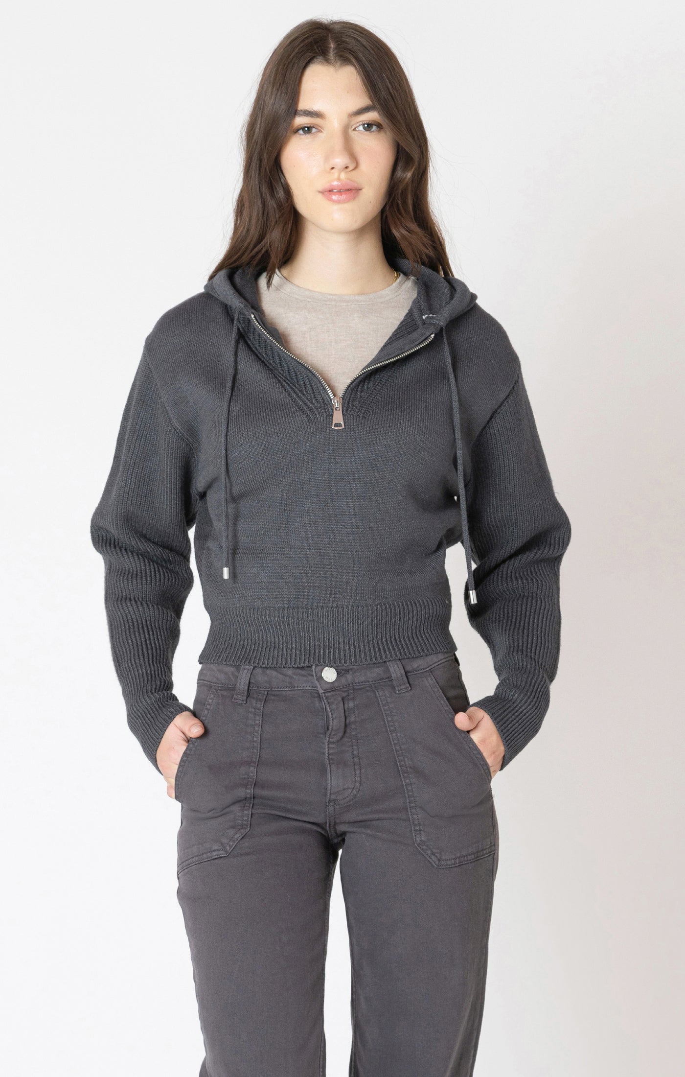 Charcoal knitted sweater, with a half zip detail