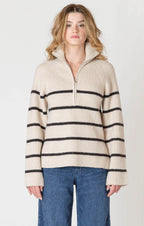 A cozy cream sweater with horizontal black stripes, and a half zipper, and a collar.