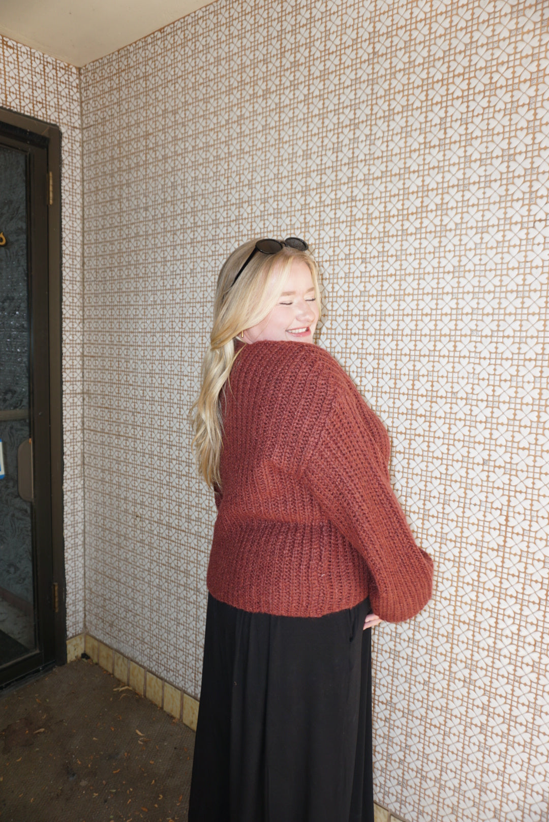 A cozy chunky knit burgundy sweater. 