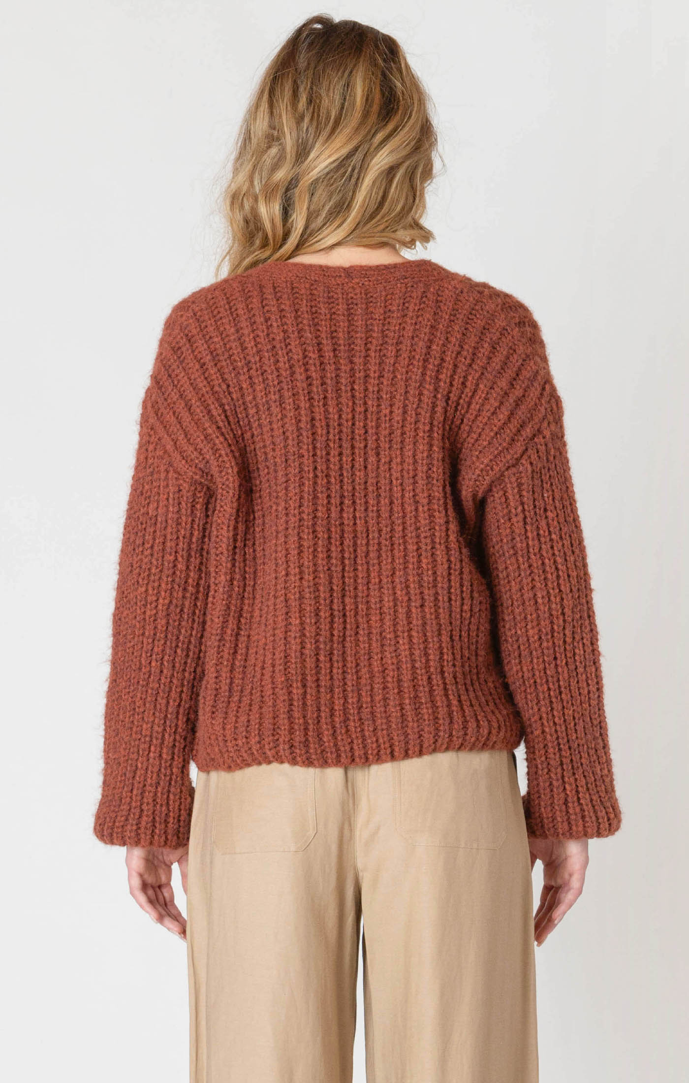 A cozy chunky knit burgundy sweater. 