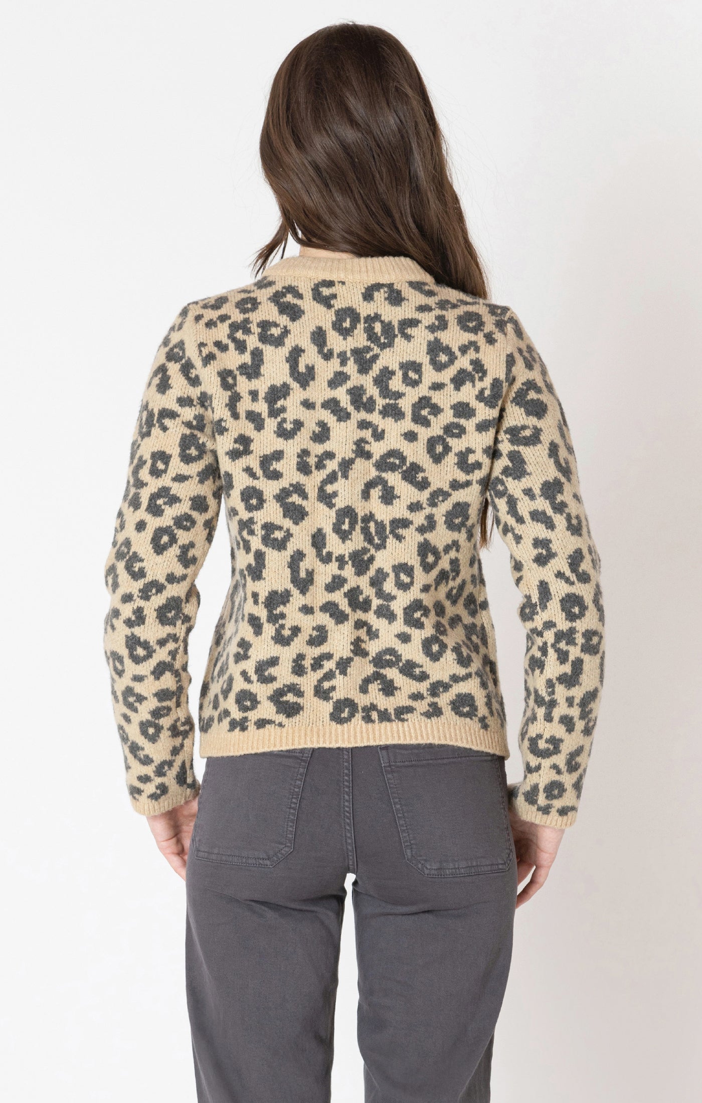 A cozy knit leopard print cardigan back