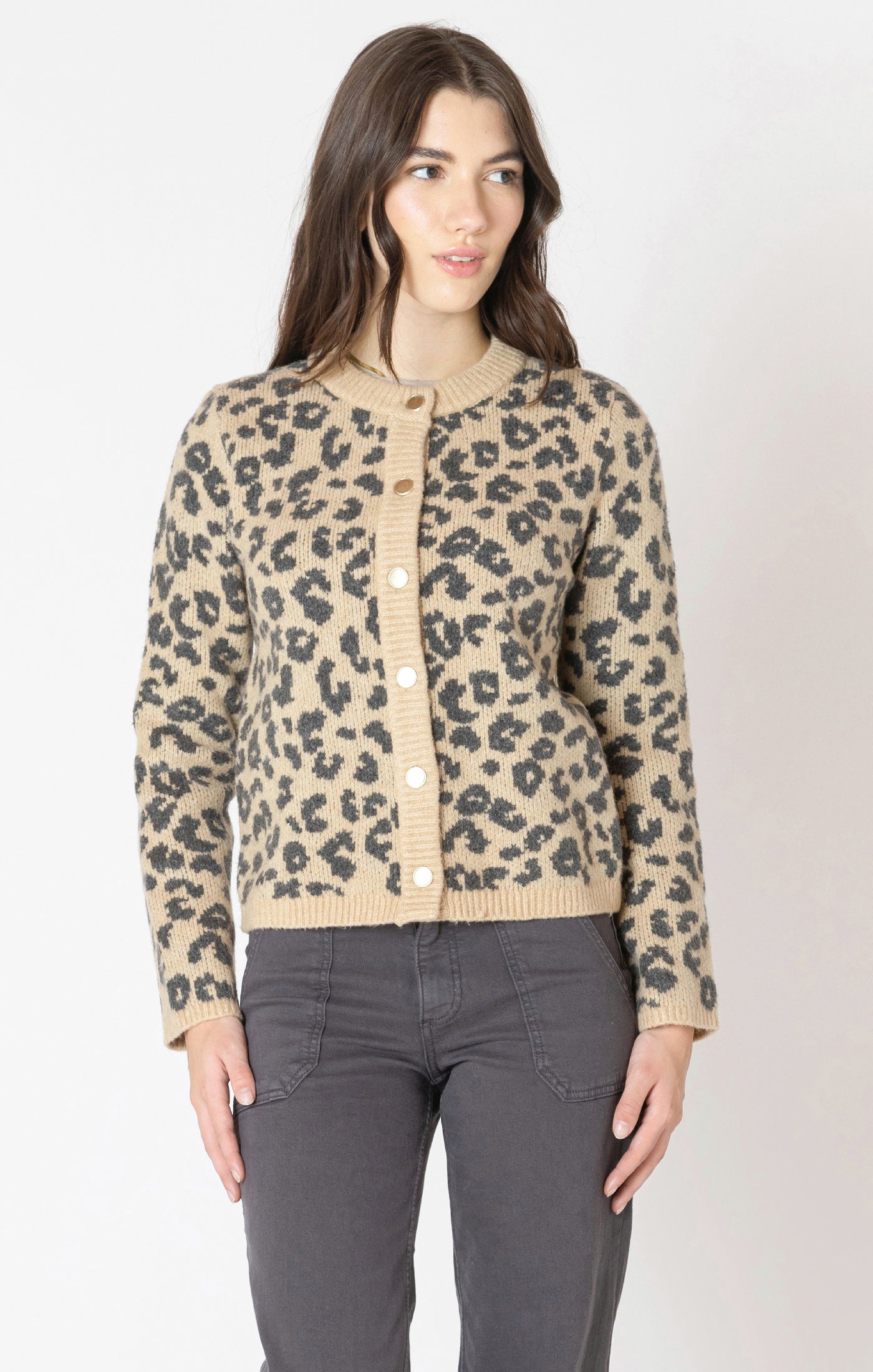 A preppy leopard print cardigan sweater, with buttons down the front.