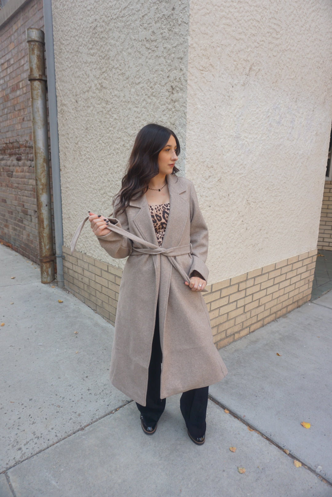 A beautiful and timeless oat colored coat, with a tie waste, a trench like lapel, and pockets.