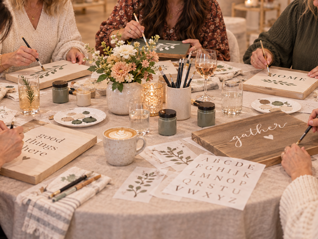 five women at a social craft club creating wooden signs while drinking coffee, cocktails, and wine