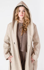 Oatmeal colored hooded trench coat jacket with a tie waist, and button front.