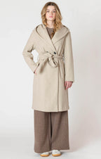 Oatmeal colored hooded trench coat jacket with a tie waist, and button front.