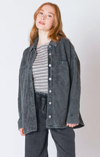 A charcoal button down light-weight jacket, that is perfect for the fall weather.