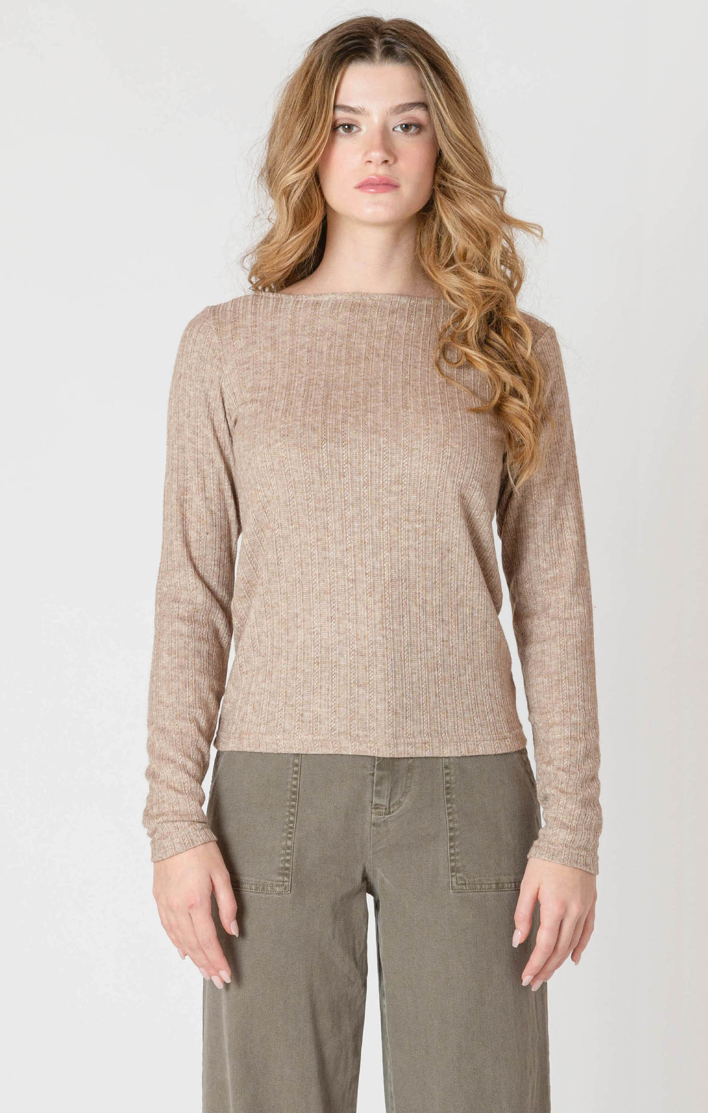 A light weight long sleeve shirt in a beautiful sandstone color, a perfect staple piece!
