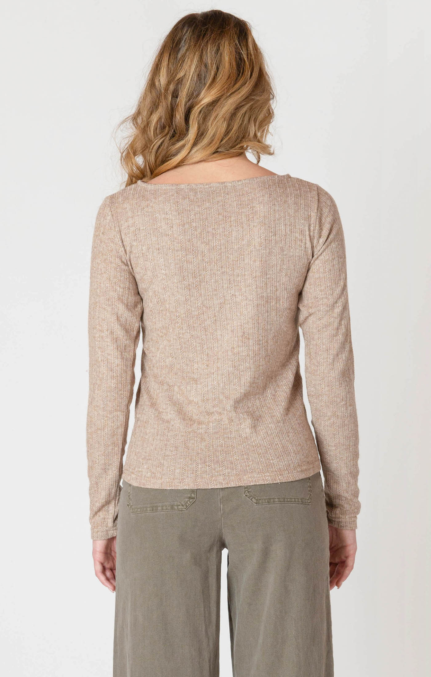 A light weight long sleeve shirt in a beautiful sandstone color, a perfect staple piece!