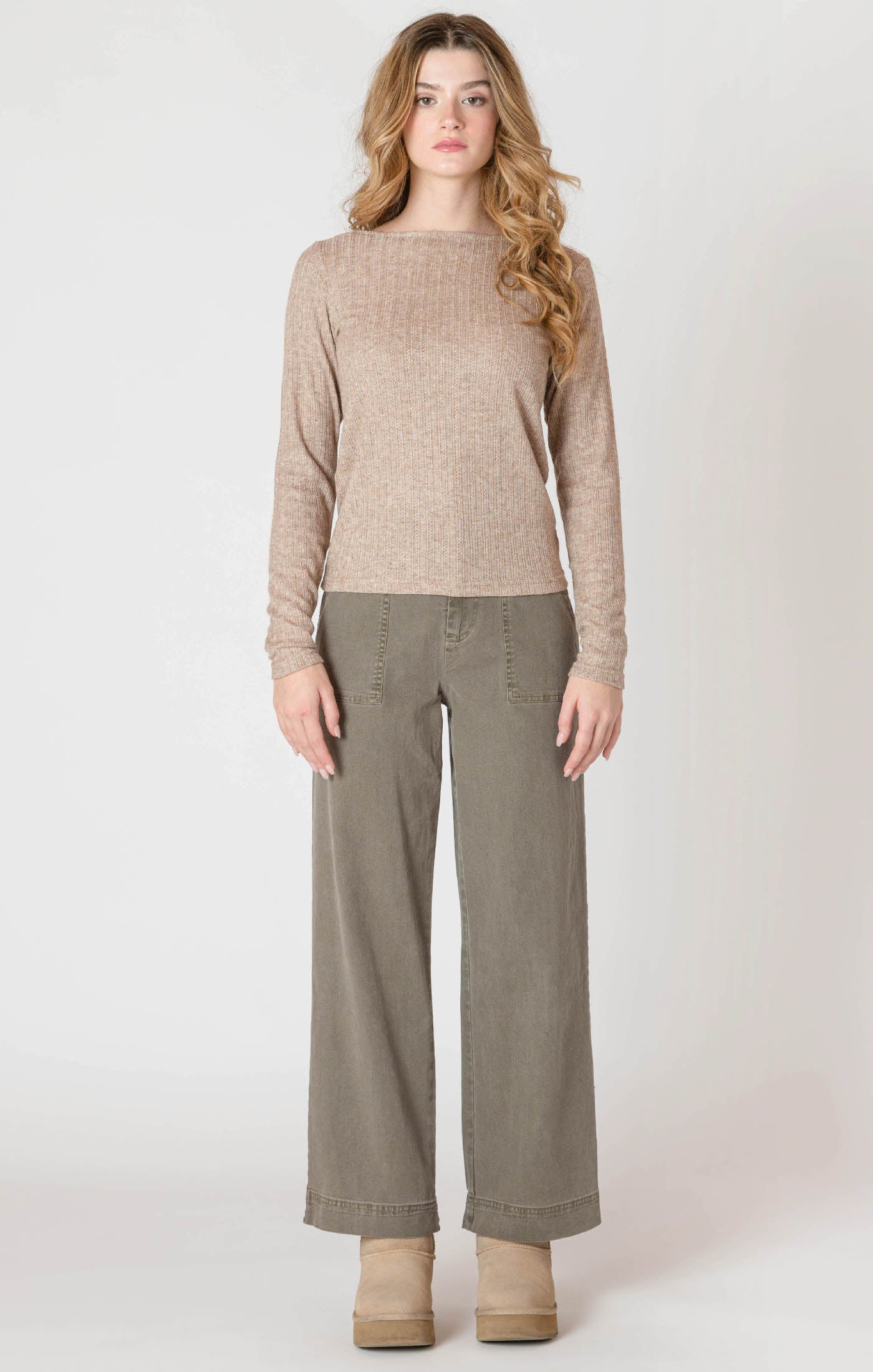 A light weight long sleeve shirt in a beautiful sandstone color, a perfect staple piece!