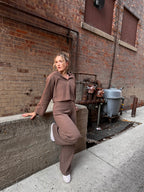 A luxurious knitted, chocolate brown, wide leg pant.