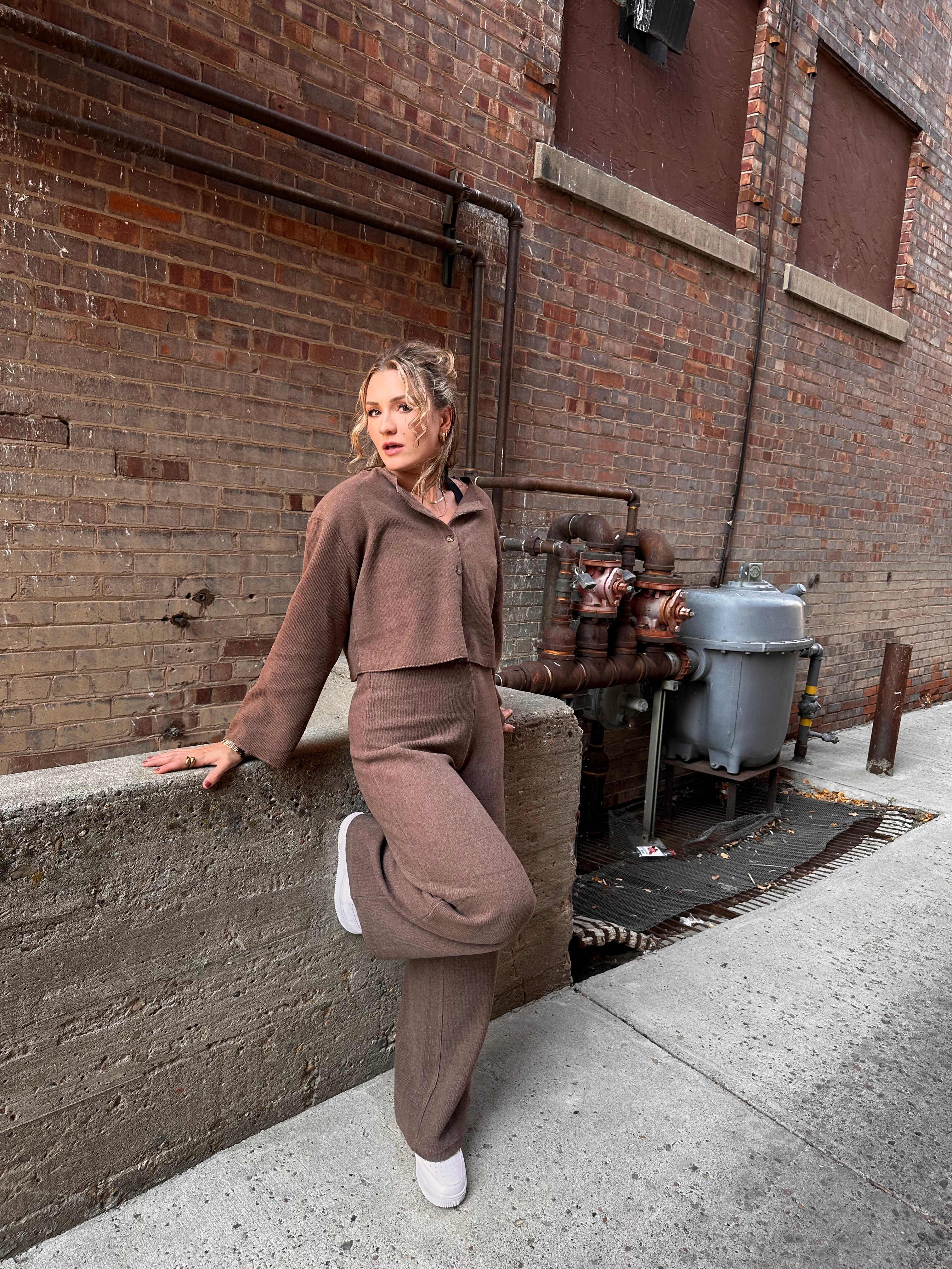 A luxurious knitted, chocolate brown, wide leg pant.