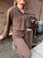 A luxurious knitted, chocolate brown, wide leg pant.
