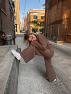 A luxurious knitted, chocolate brown, wide leg pant.