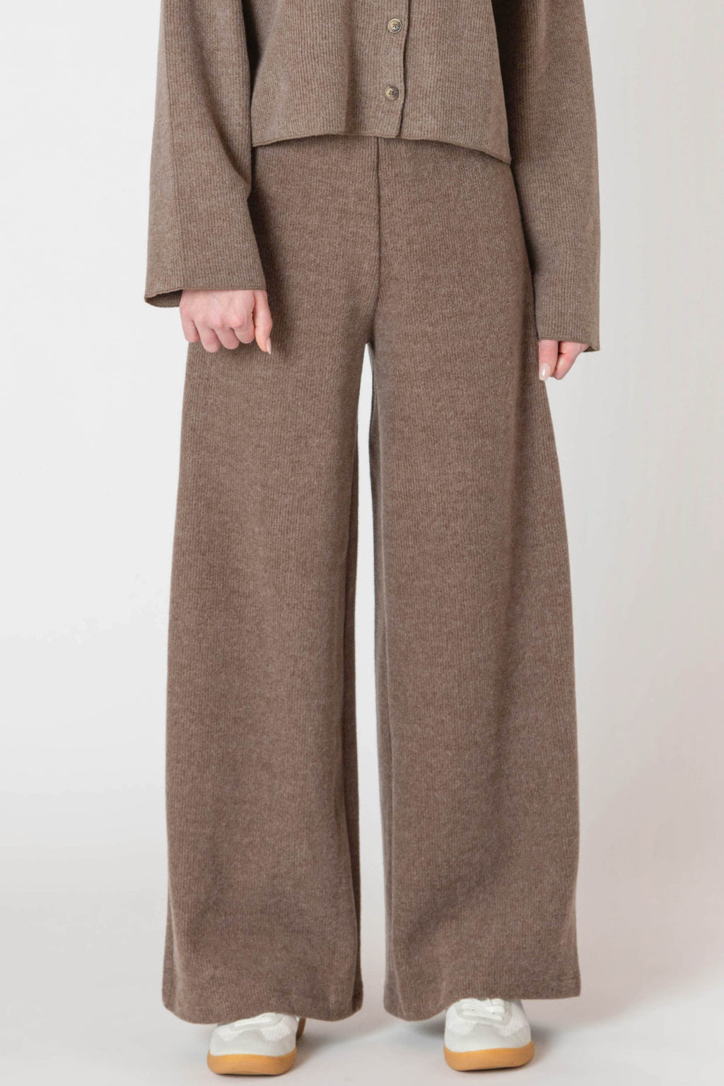 A luxurious knitted, chocolate brown, wide leg pant.