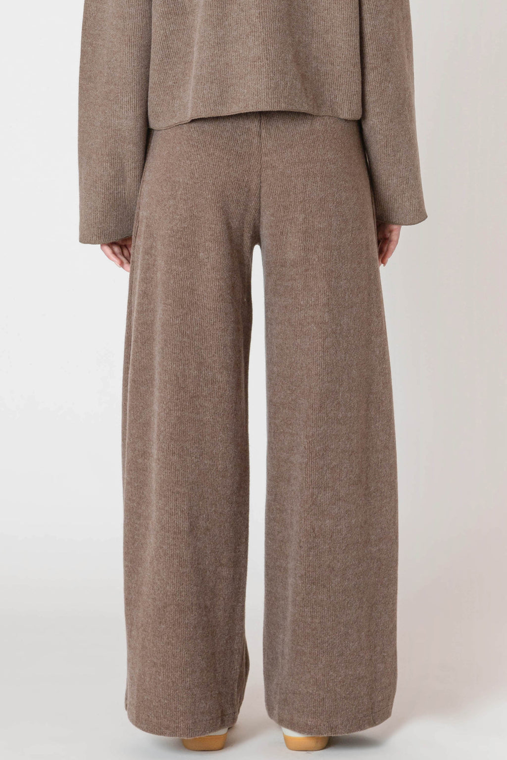 A luxurious knitted, chocolate brown, wide leg pant.