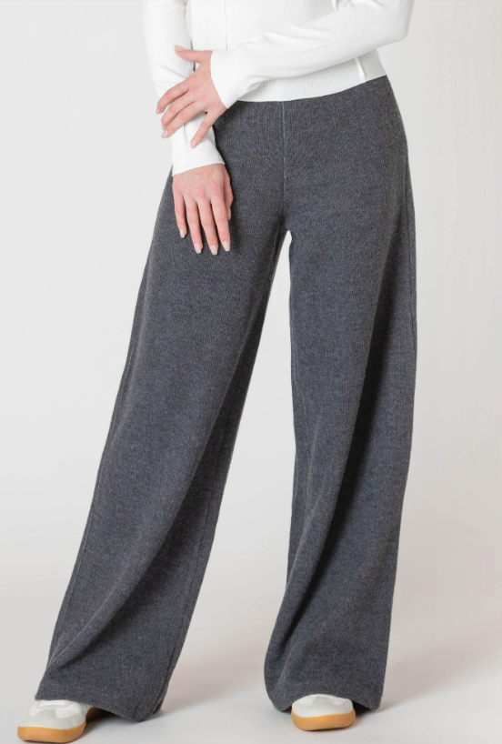 A luxurious knitted, grey, wide leg pant.