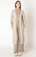 An elegant calf length open front sweater in a lovely oat color