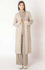 An elegant calf length open front sweater in a lovely oat color