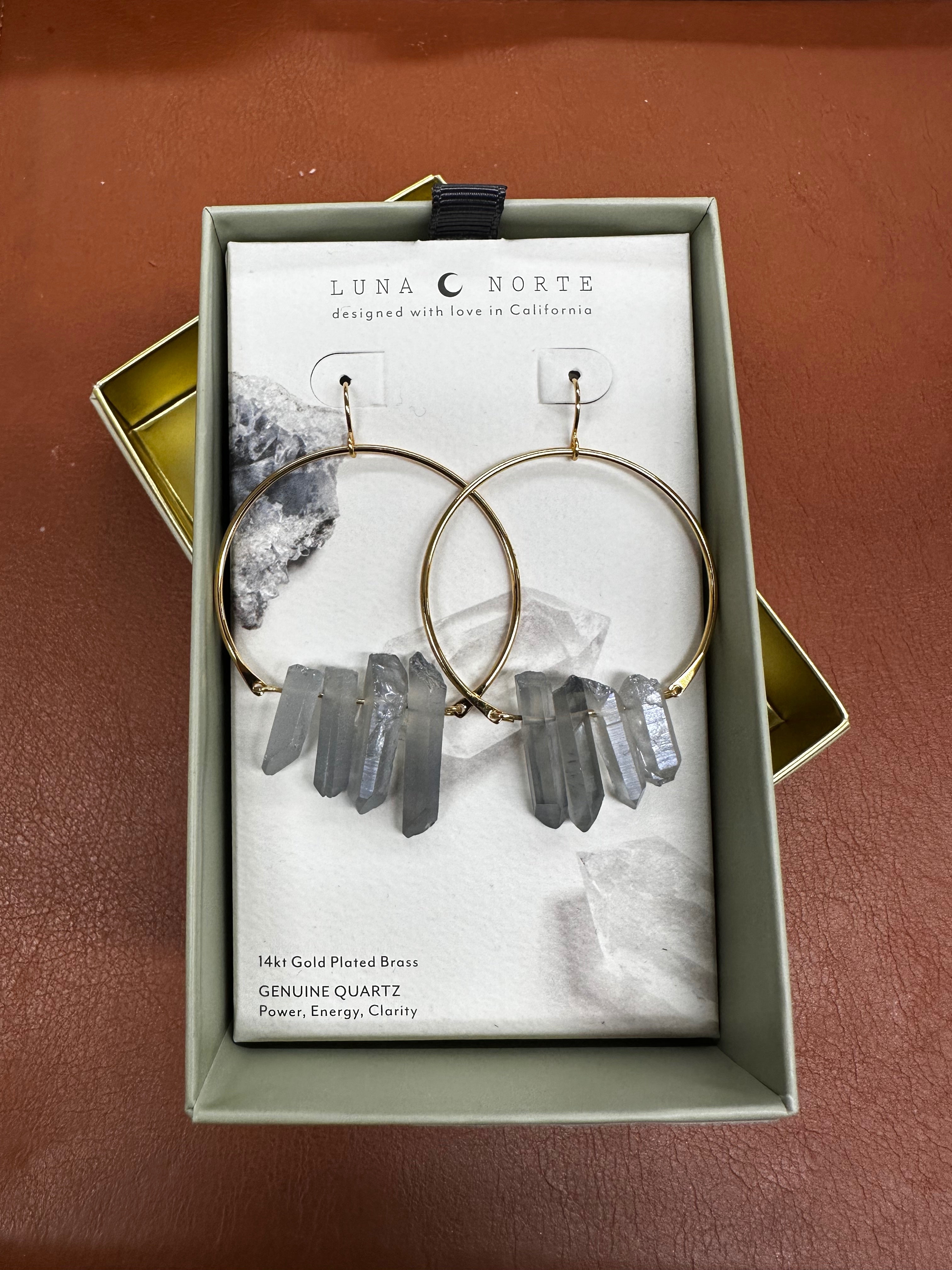 Gold earrings with blue stones in a gift box.