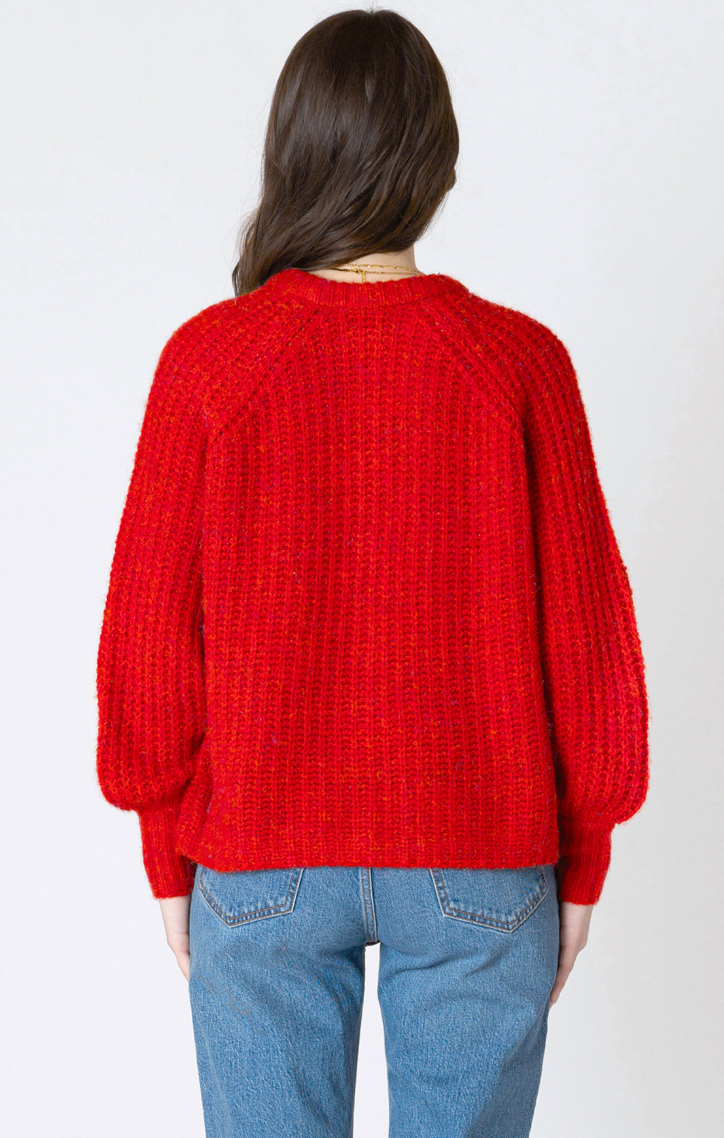 Back detail of a our bright red chunky knit sweater.