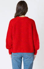 Back detail of a our bright red chunky knit sweater.