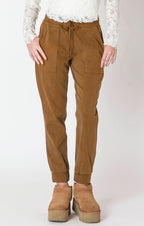 Super cute denim material joggers, in a fall ready toffee color, with a tie waste.