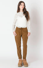 Super cute denim material joggers, in a fall ready toffee color, with a tie waste.