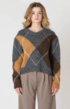 A cozy argyle sweater, with charcoal, tan, brown, and white colors, creating a timeless piece perfect for chilly winter days.