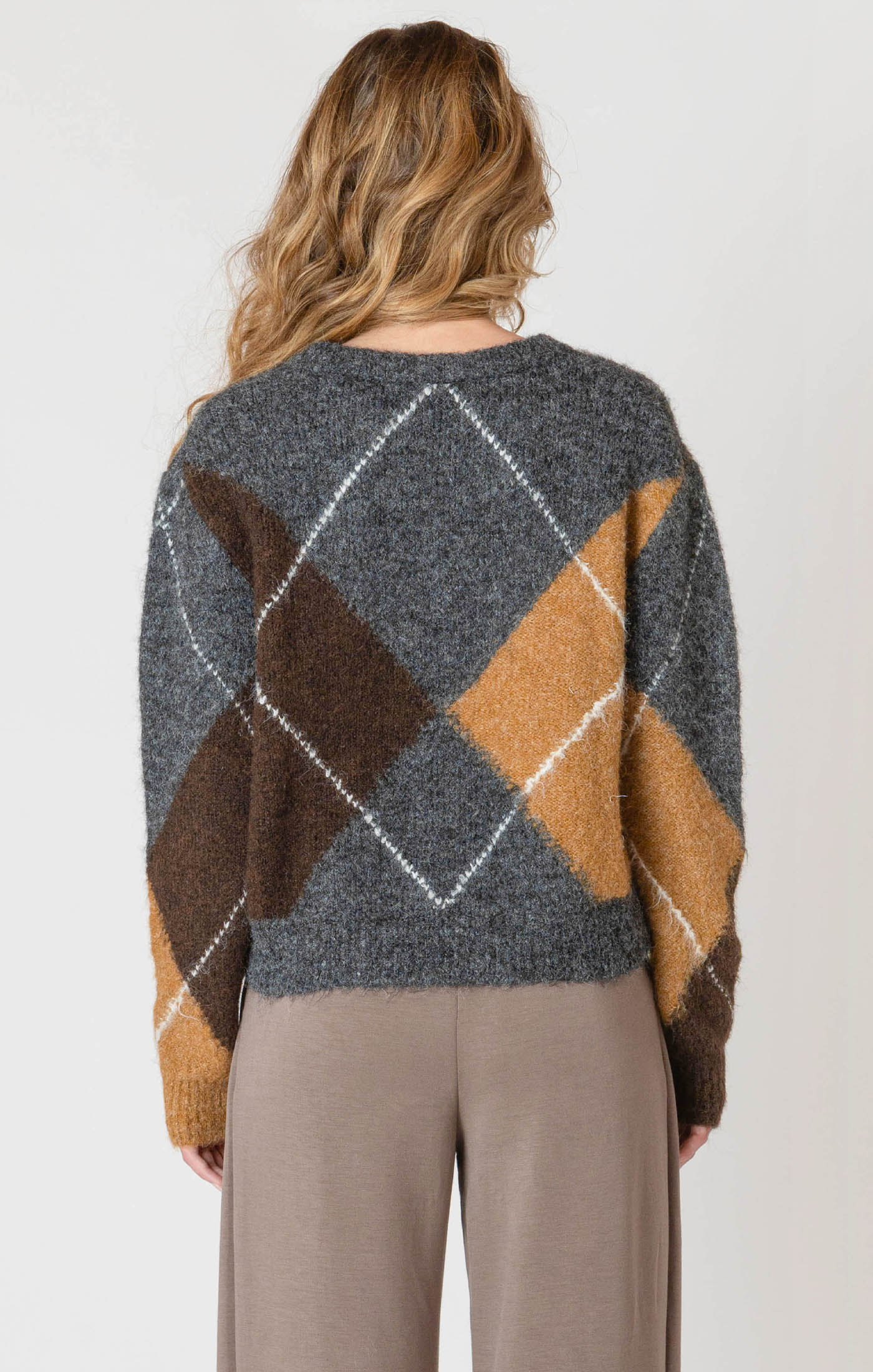 A cozy argyle sweater, with charcoal, tan, brown, and white colors, creating a timeless piece perfect for chilly winter days.