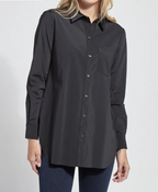 Black button-up shirt worn by a person on a light gray background